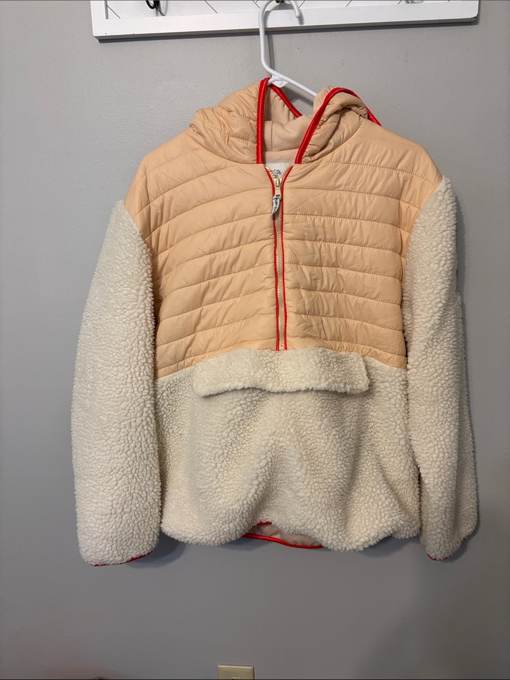 ivory Ella Two-Tone Sherpa Pullover Jacket in Cream and Peach